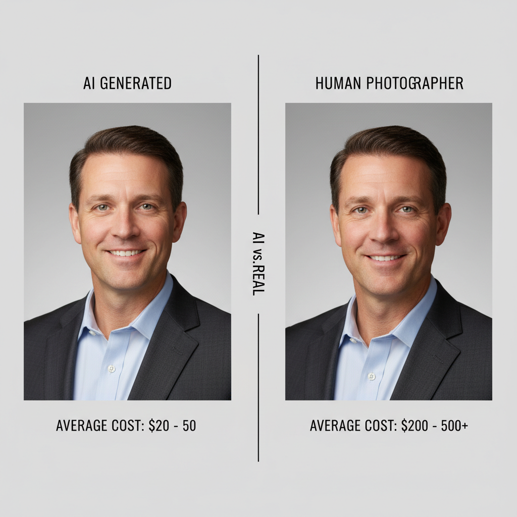 Side-by-side AI vs real photographer for headshots cost comparison showing a traditional studio setup versus a laptop screen generating a professional portrait