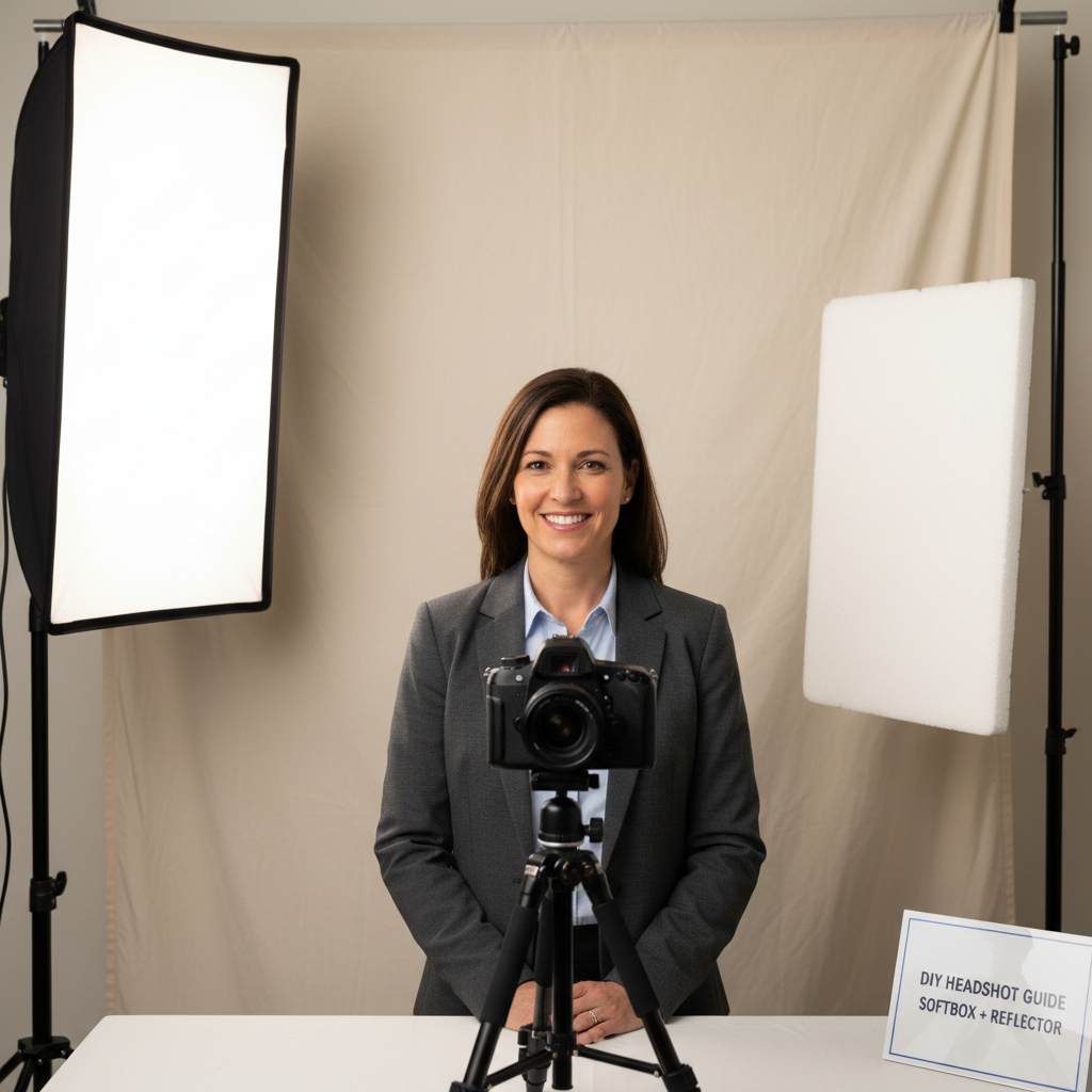 Beginner photographer using a smartphone tripod at home for a DIY professional headshot setup in a bright room