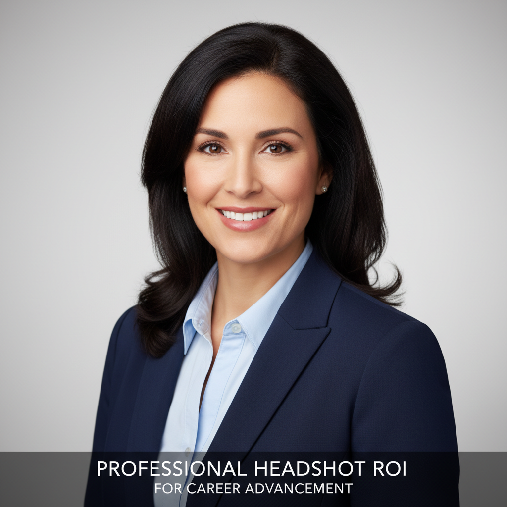 Professional woman reviewing her AI-generated headshot on laptop, demonstrating professional headshot ROI for career advancement in modern home office