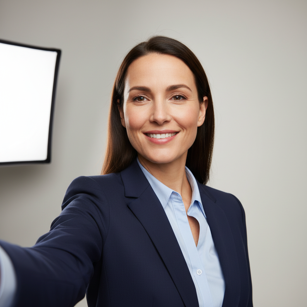 Person learning how to make a selfie look like a professional headshot using a smartphone in a bright home office setting