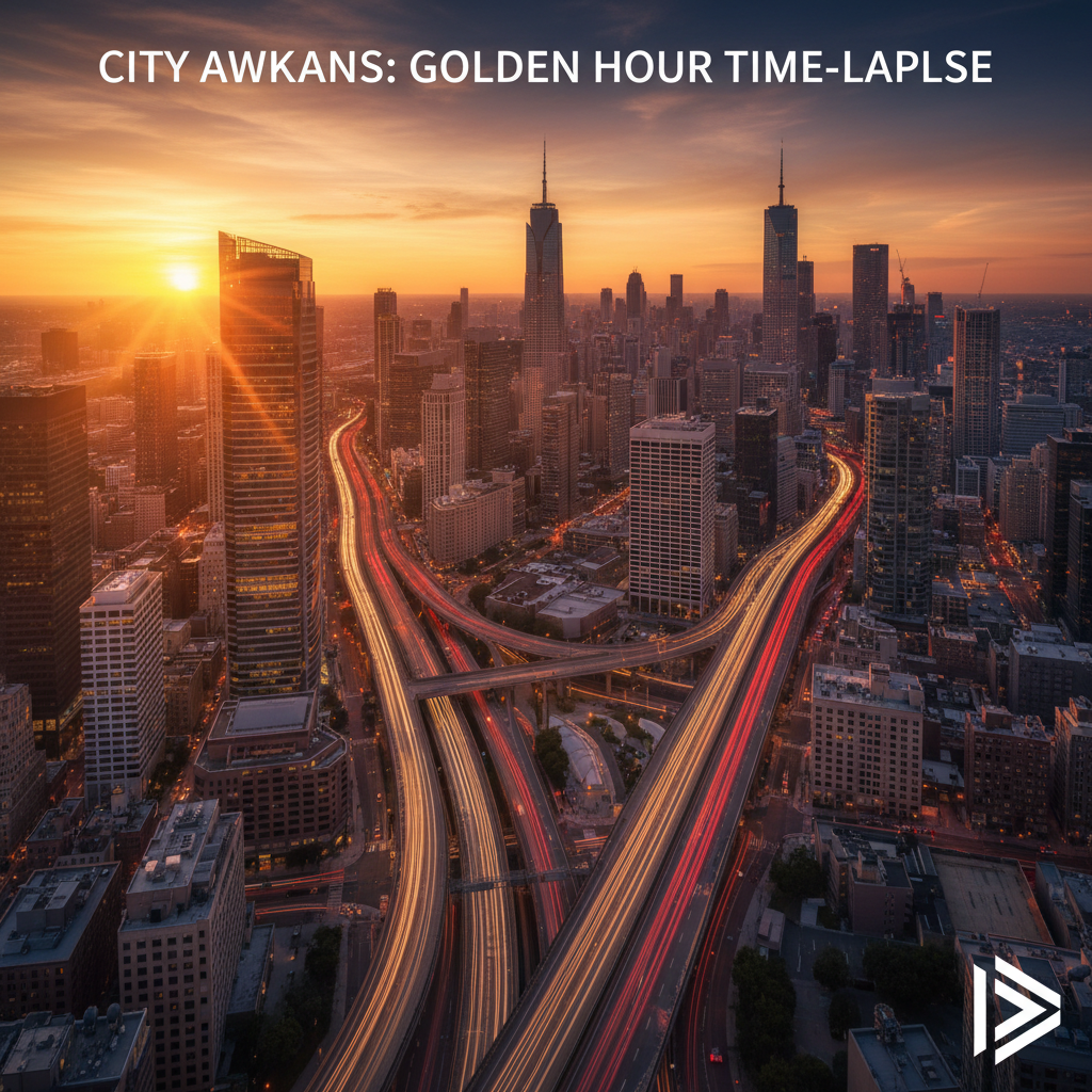 A time-lapse of a city skyline at golden hour with light trails