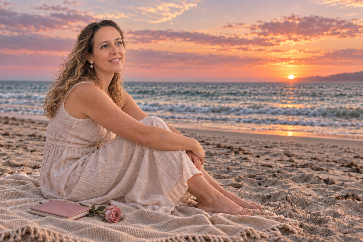 Mujer sentada sobre una manta en la playa al atardecer, mirando hacia el mar