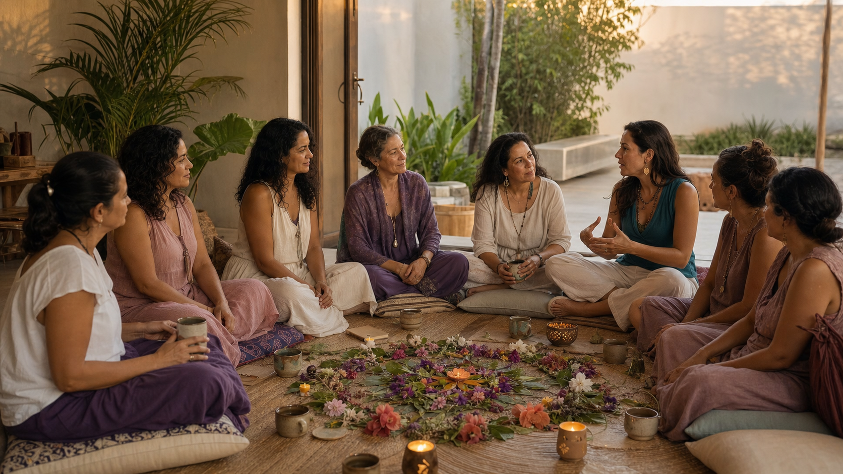 Mujeres reunidas en un círculo de cacao preparado con flores, mandala y altar