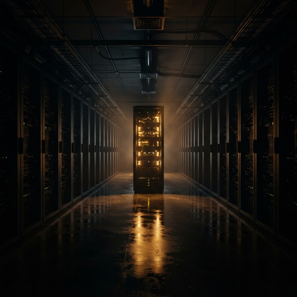 Server hall at 3 AM lit by a single golden light