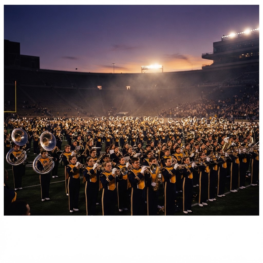 Collegiate competitive performers standing in formation at dusk