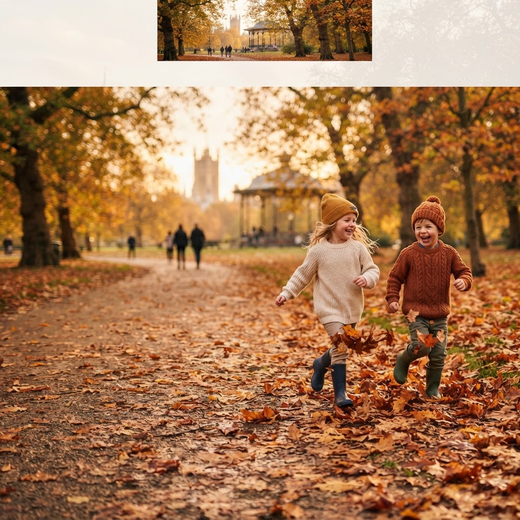 Children playing in autumn leaves in a London park