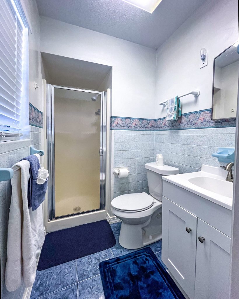 Glass-enclosed shower with shell-patterned decor