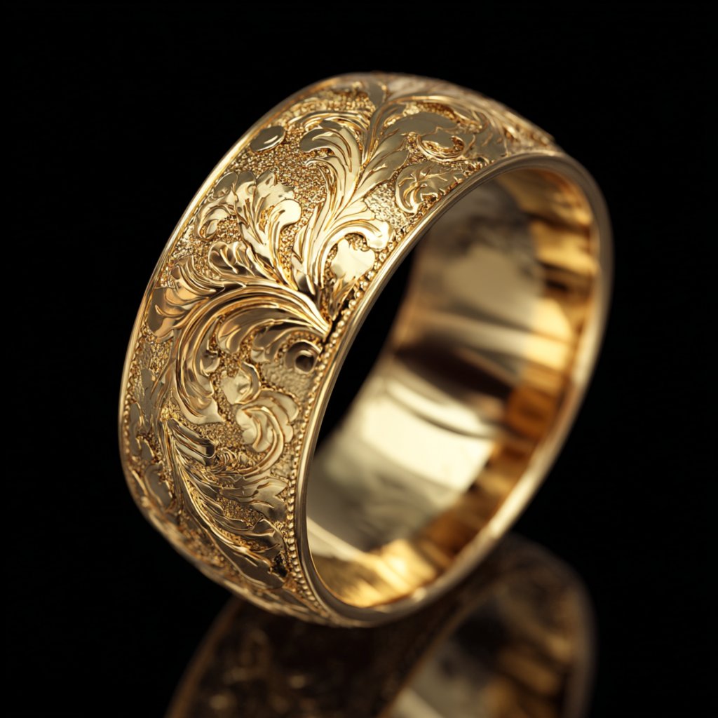 Engraved floral yellow gold wedding band
