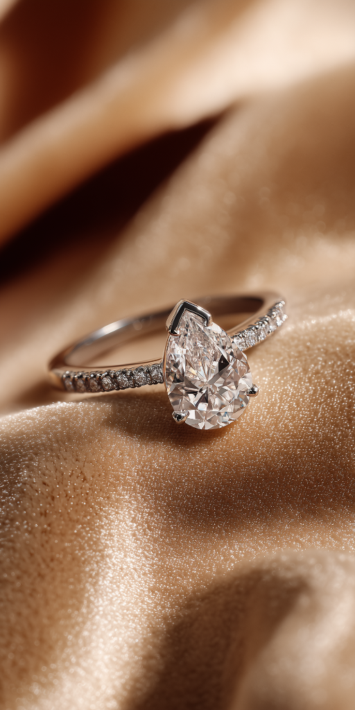 Pear diamond engagement ring on silk