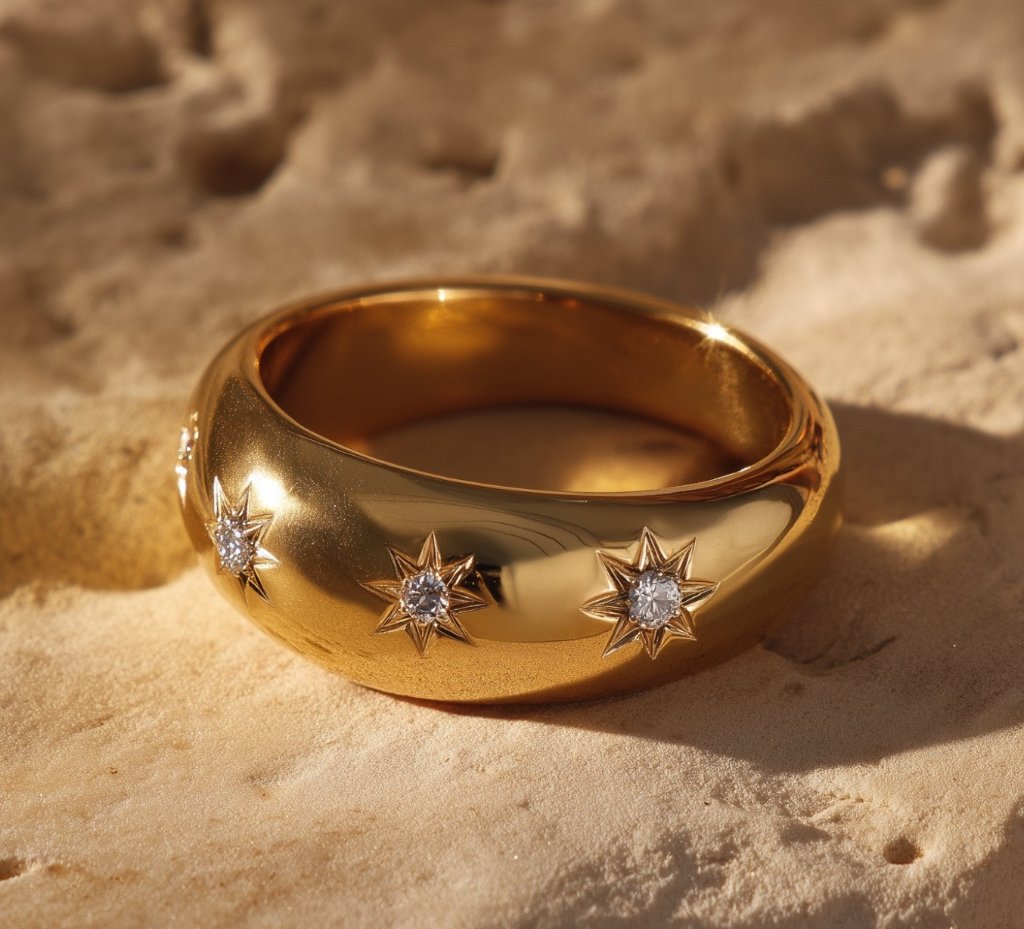Star-set diamond dome yellow gold band