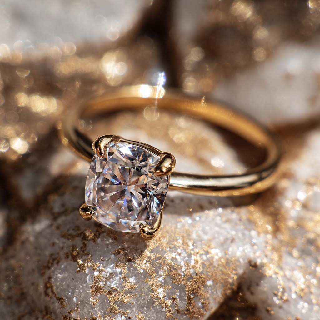 Cushion cut diamond solitaire engagement ring in yellow gold