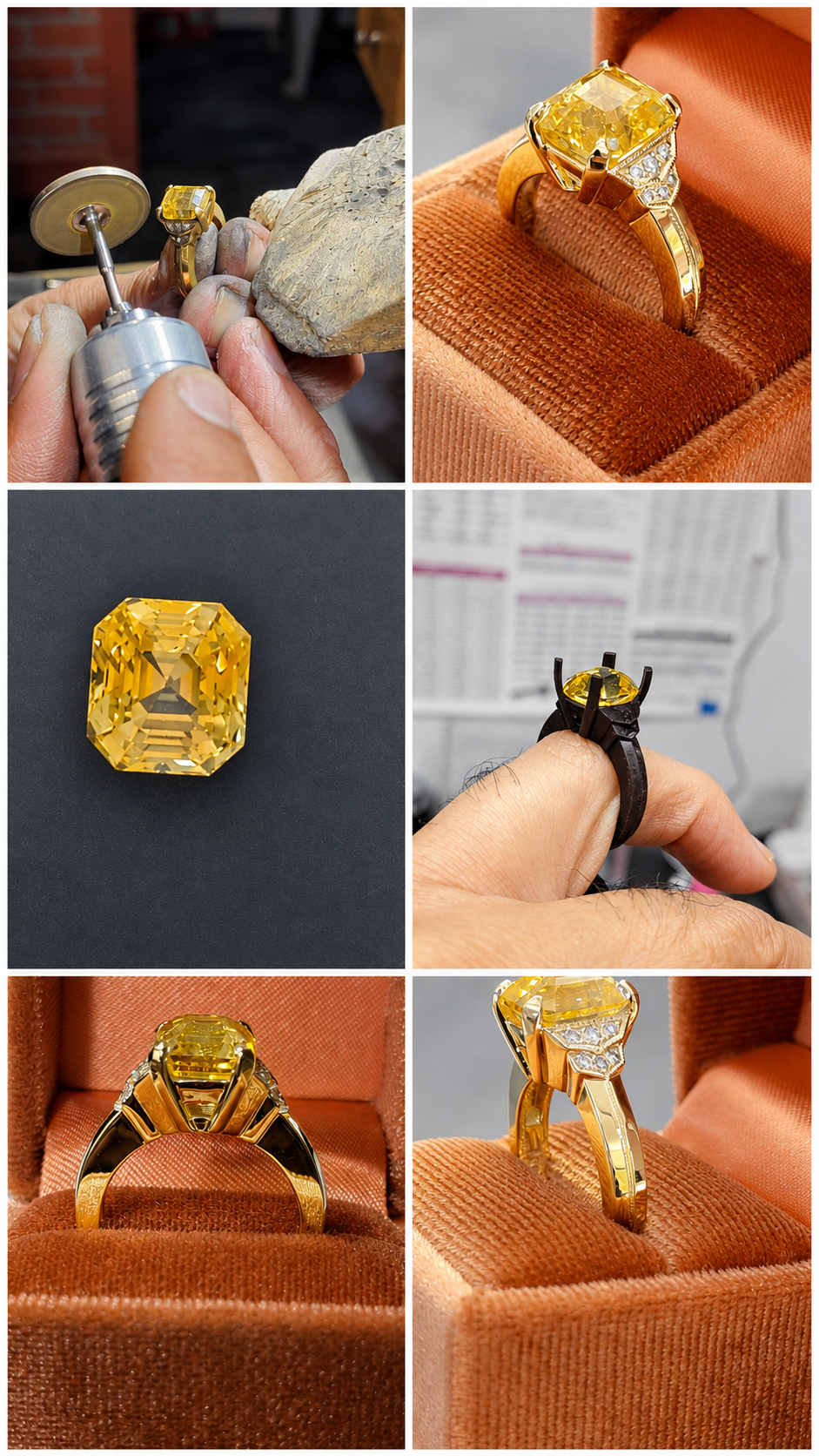 Custom yellow gemstone ring in progress at Brahim's Jewelry in Burlington Massachusetts — wax model, stone setting, polishing, and the finished gold ring with accent diamonds