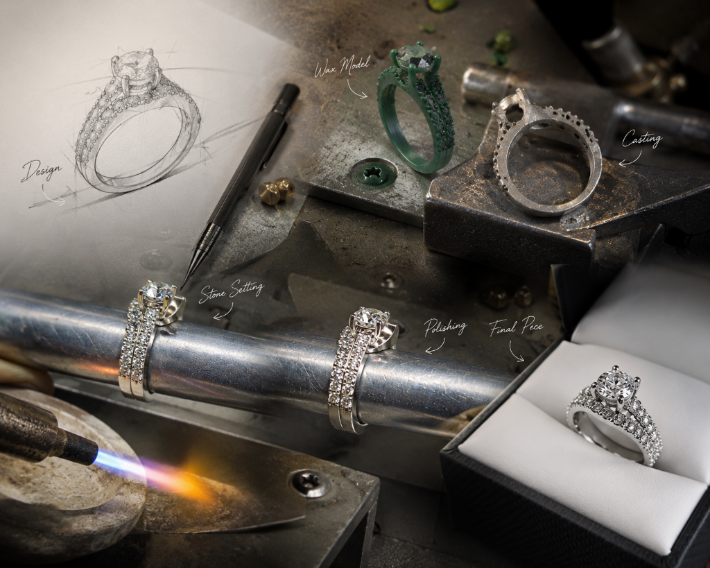 Custom engagement ring creation process at Brahim's Jewelry Burlington MA — design sketch, wax model, casting, stone setting, polishing, and finished diamond ring in presentation box