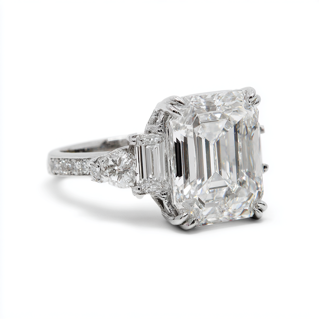 Large stone custom engagement ring setting handcrafted in-house at Brahim's Jewelry Burlington Massachusetts showing baguette side stones and pave band