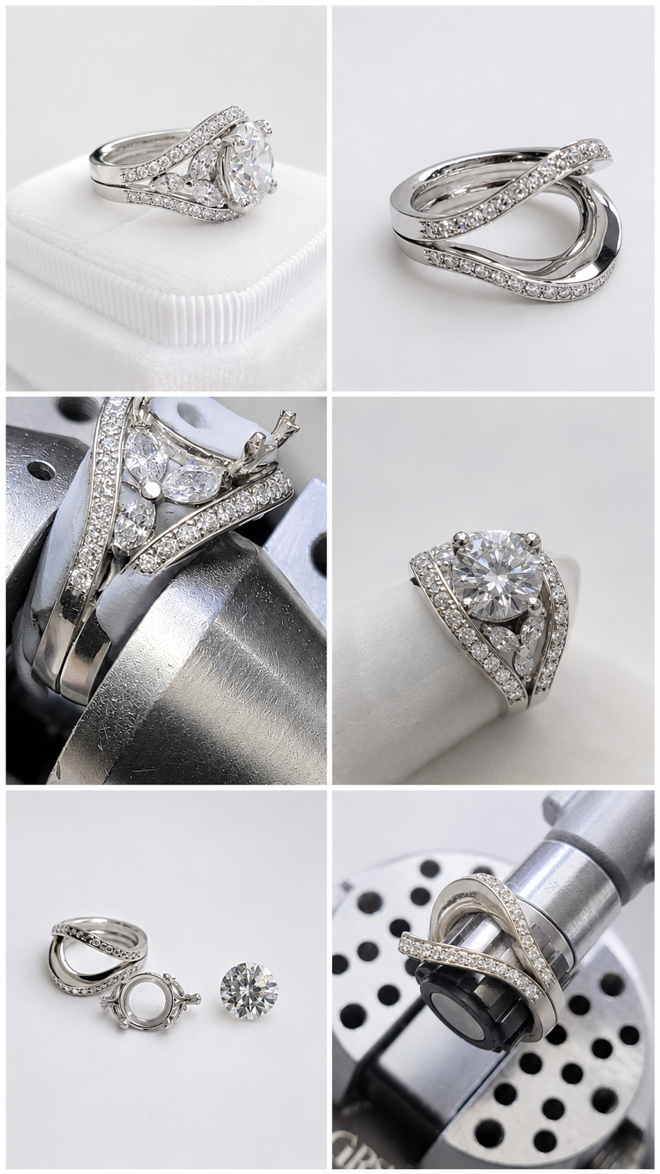 Custom diamond engagement ring set in progress at Brahim's Jewelry in Burlington Massachusetts — loose center stone, pavé crossover band, setting head held in a jeweler's vise, and the finished platinum ring set