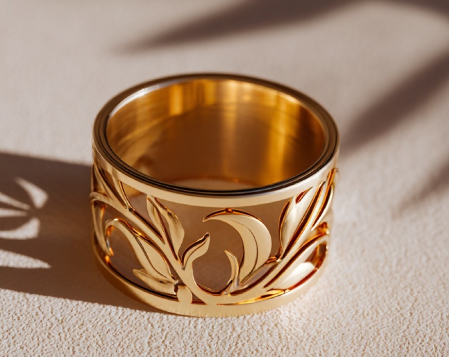 Openwork filigree 18k yellow gold men's wedding band handcrafted at Brahim's Jewelry Burlington Massachusetts