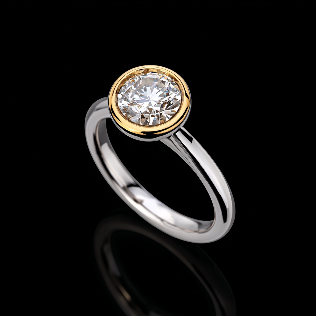 Round diamond bezel set solitaire engagement ring in two-tone gold