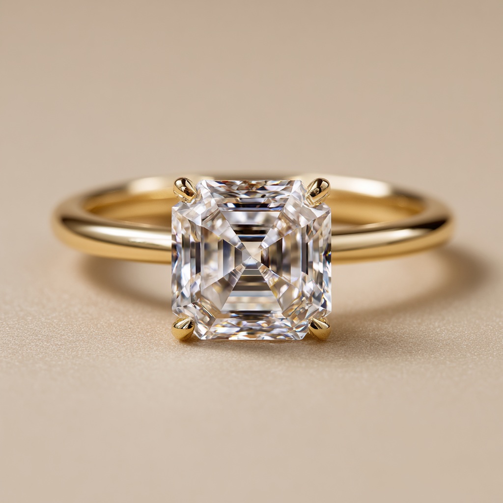 Asscher cut diamond solitaire engagement ring in yellow gold