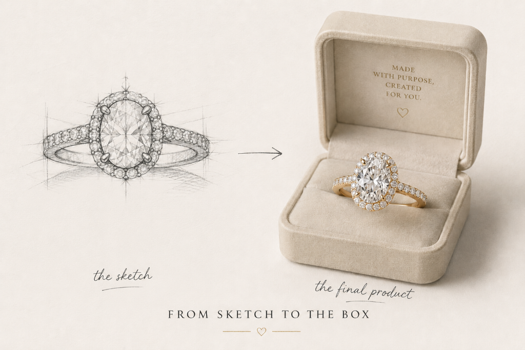 Custom oval diamond halo engagement ring journey — from hand-drawn sketch to finished ring in presentation box, handcrafted at Brahim's Jewelry in Burlington Massachusetts