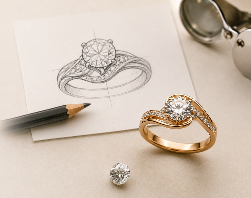 Custom engagement ring design process at Brahim's Jewelry Burlington MA — hand-drawn sketch alongside finished rose gold diamond ring, showing bespoke jewelry craftsmanship from concept to creation
