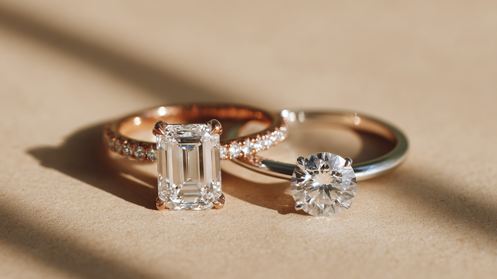 Emerald cut and round diamond rings in rose gold
