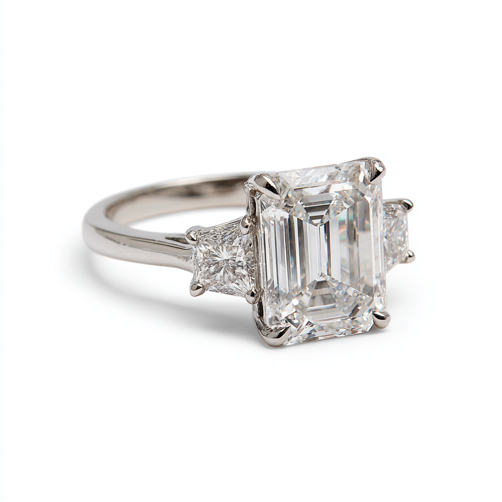 Large emerald cut lab-grown diamond with princess cut side stones in custom platinum setting handcrafted in Burlington Massachusetts
