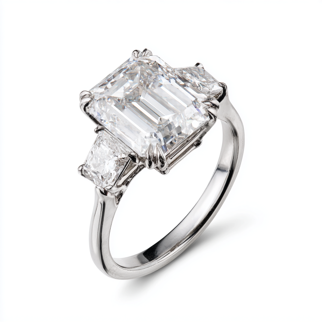 Large 5 carat emerald cut lab-grown diamond three-stone engagement ring handcrafted at Brahim's Jewelry Burlington Massachusetts