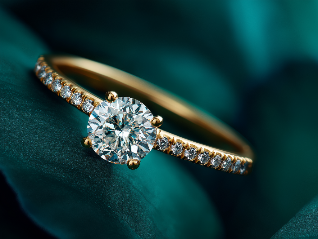 Round diamond pave engagement ring in yellow gold