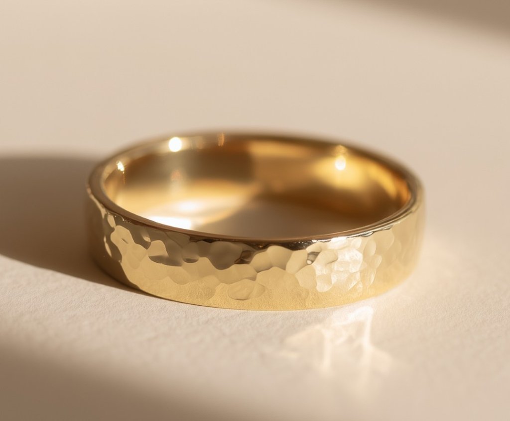 Hammered texture yellow gold wedding band