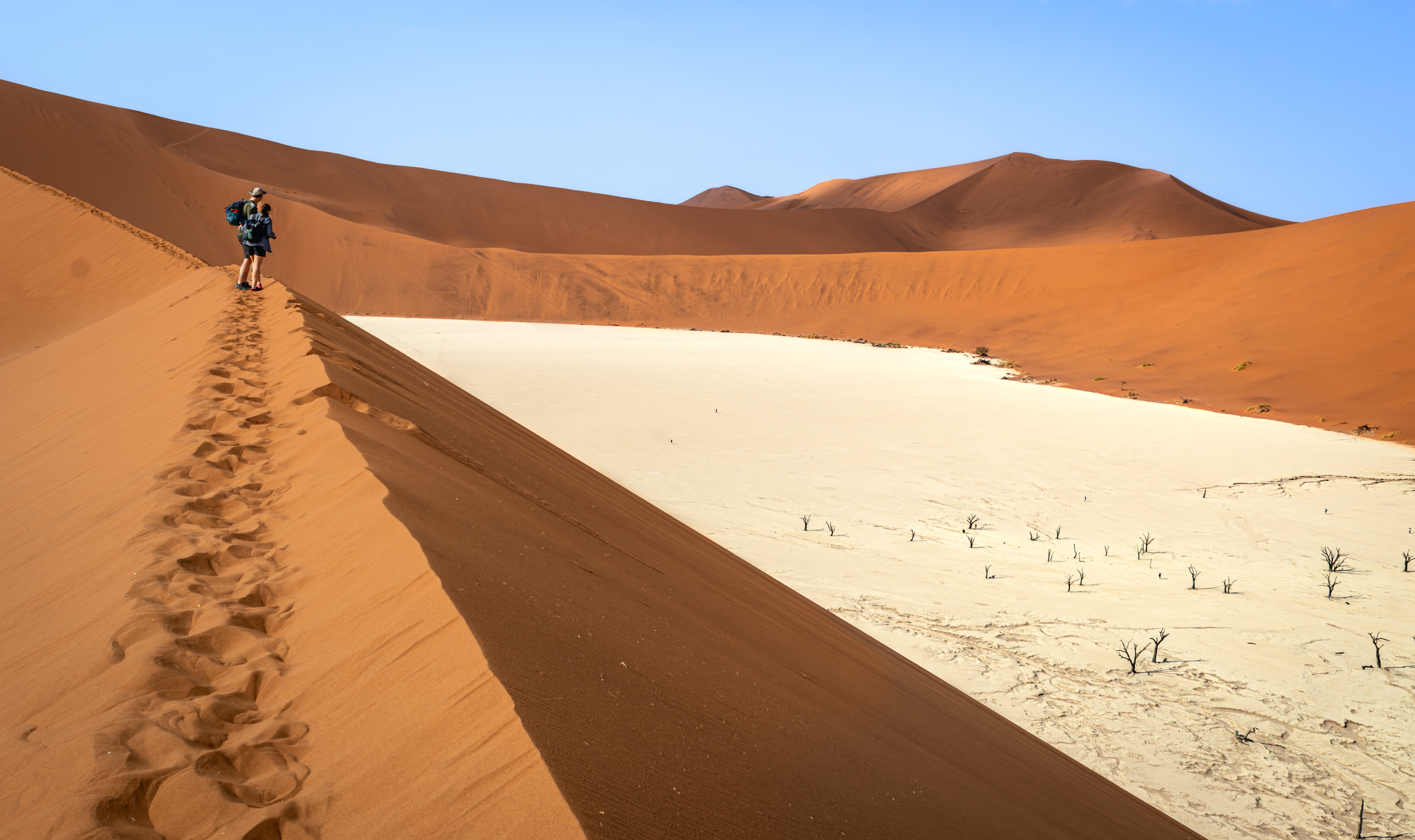 Walking the dune ridge above Deadvlei at Sossusvlei — footprints along the crest, the white clay pan and dead camelthorn trees below