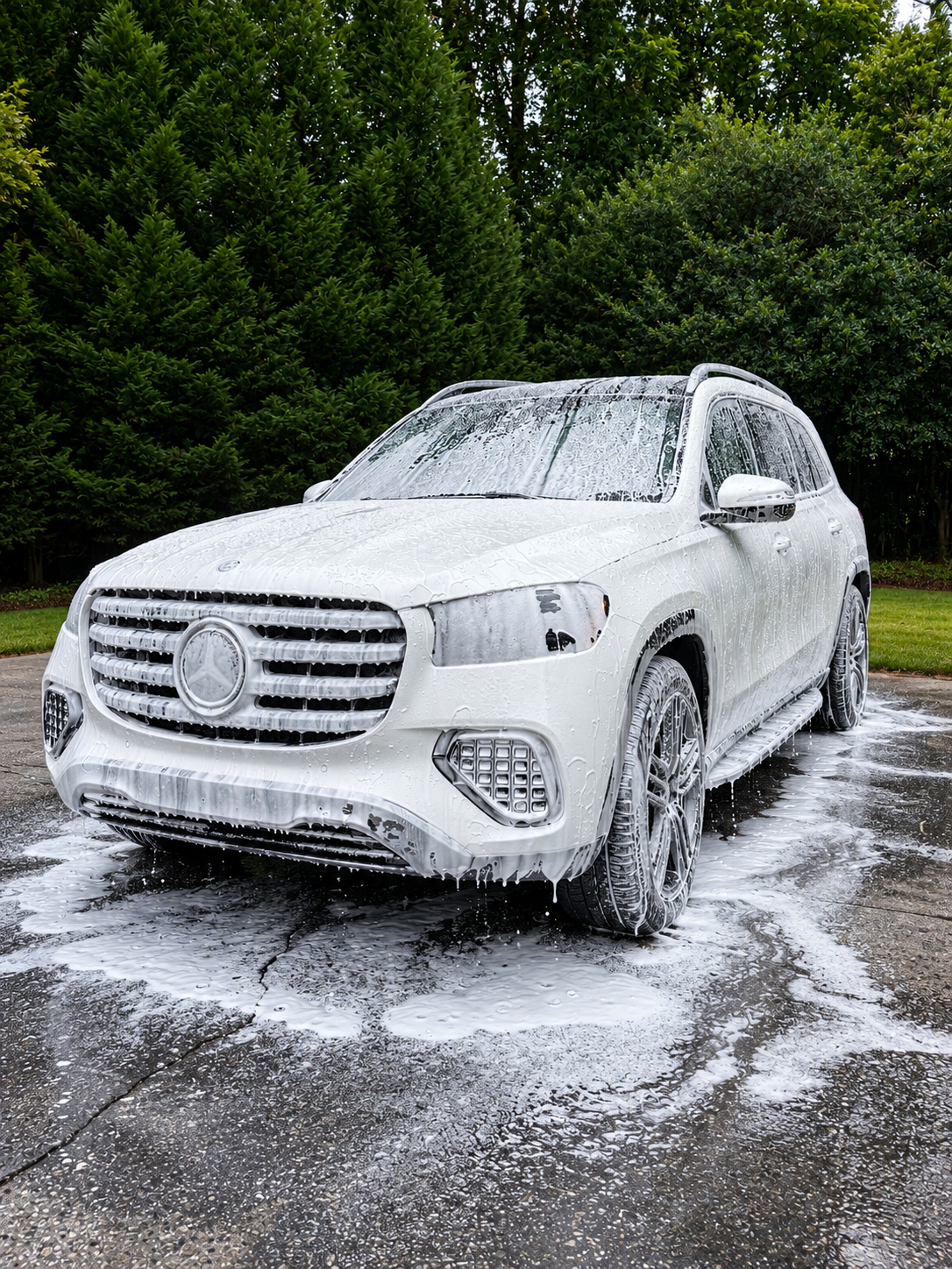 Vehicle covered in foam during a pre-wash soak