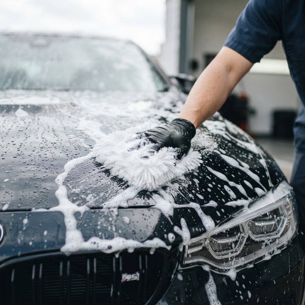Careful hand-washing technique using a microfiber wash mitt and foam