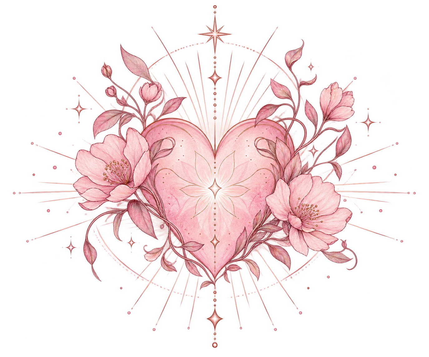 A radiant pink heart surrounded by blossoms and celestial rays — Rahanni Celestial Healing