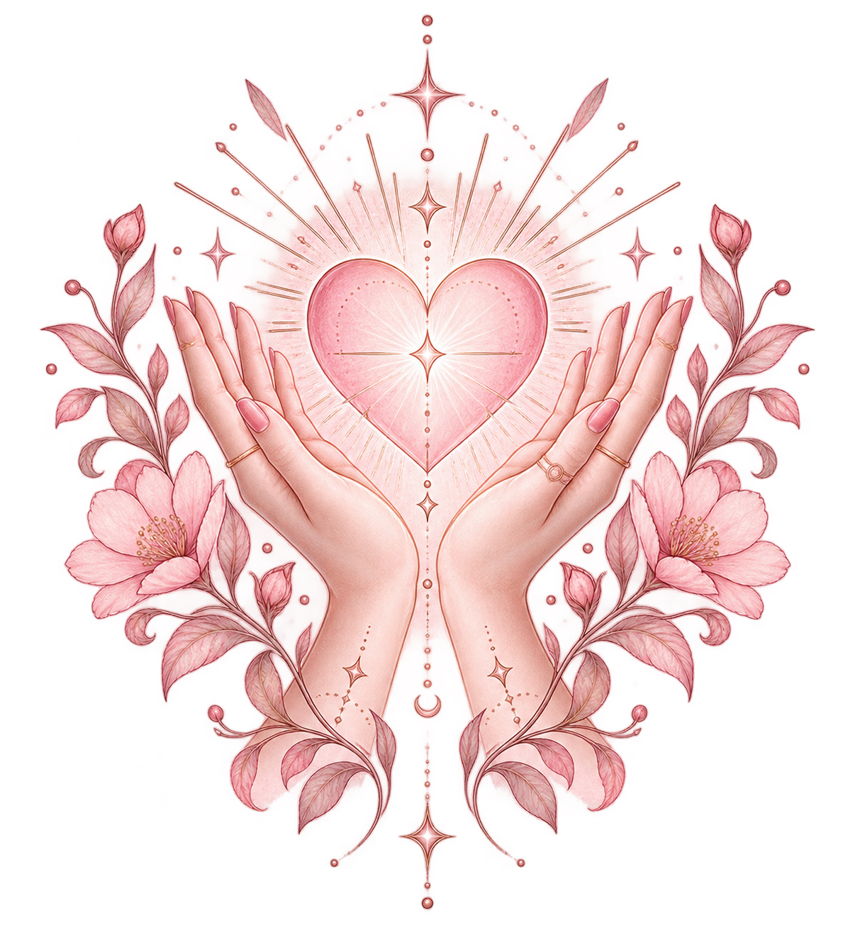 Hands gently cradling a radiant pink heart, framed by blossoms — Rahanni healing