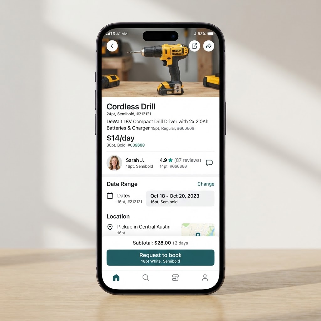 Torkd app showing a listing detail page with item photo, price per day, owner rating, and a request-to-book button