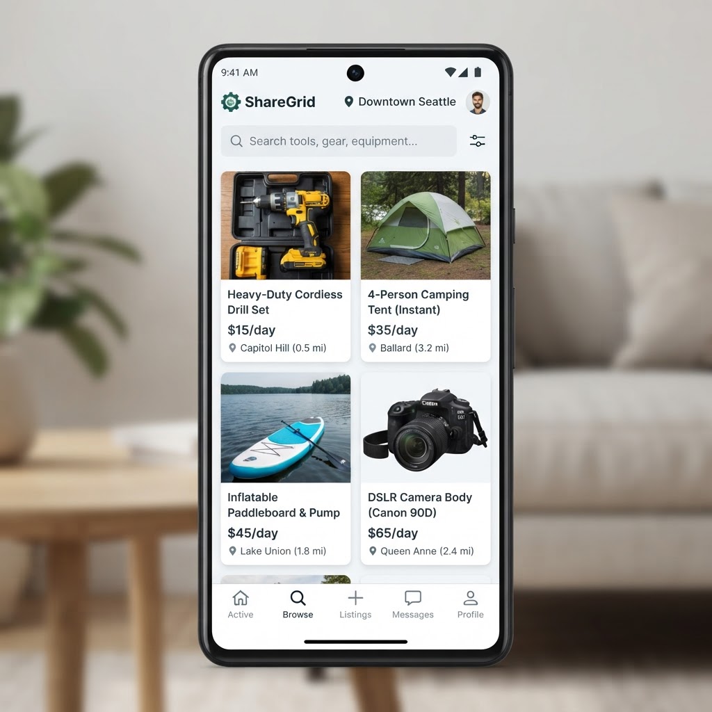 Torkd app showing a browse grid of rental listings with photos, daily prices, and categories