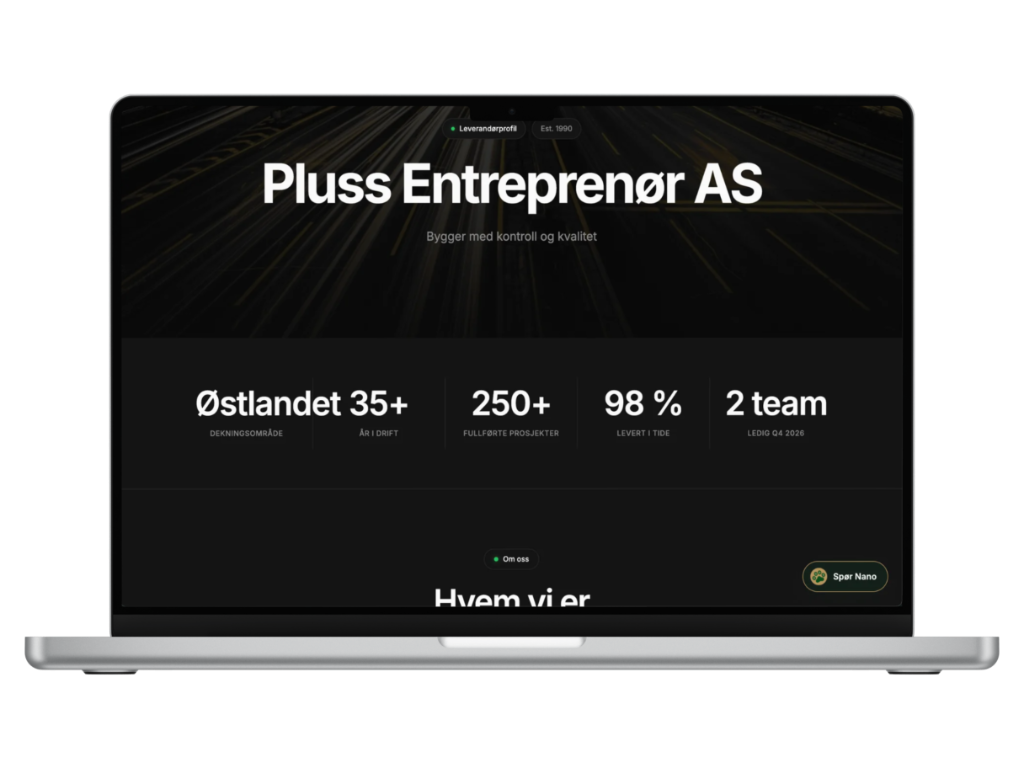 Delbar profilside vist på Mac — Pluss Entreprenør AS