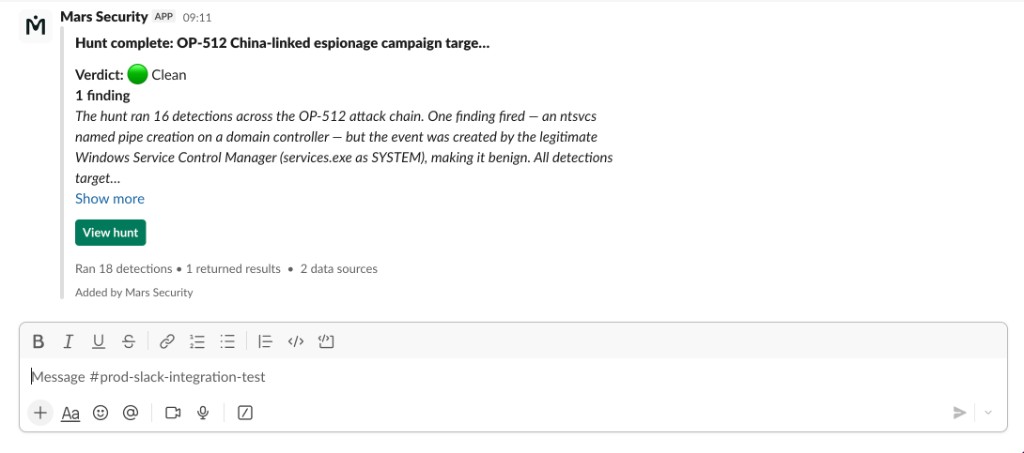 A hunt-completion summary posted by Mars in a Slack channel