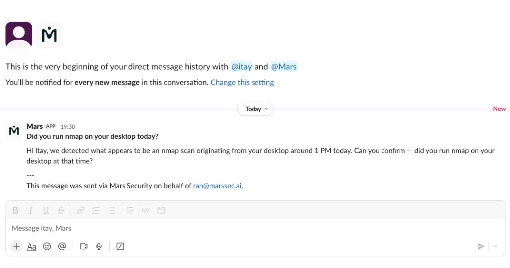 Mars asking a user via Slack DM to validate a suspicious action