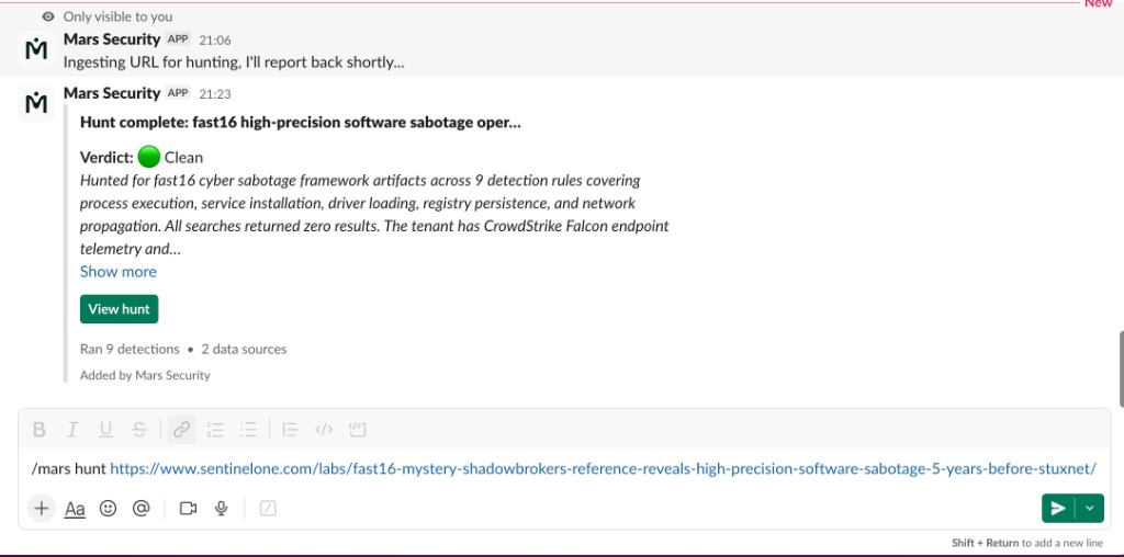 The /mars hunt command being run in a Slack channel