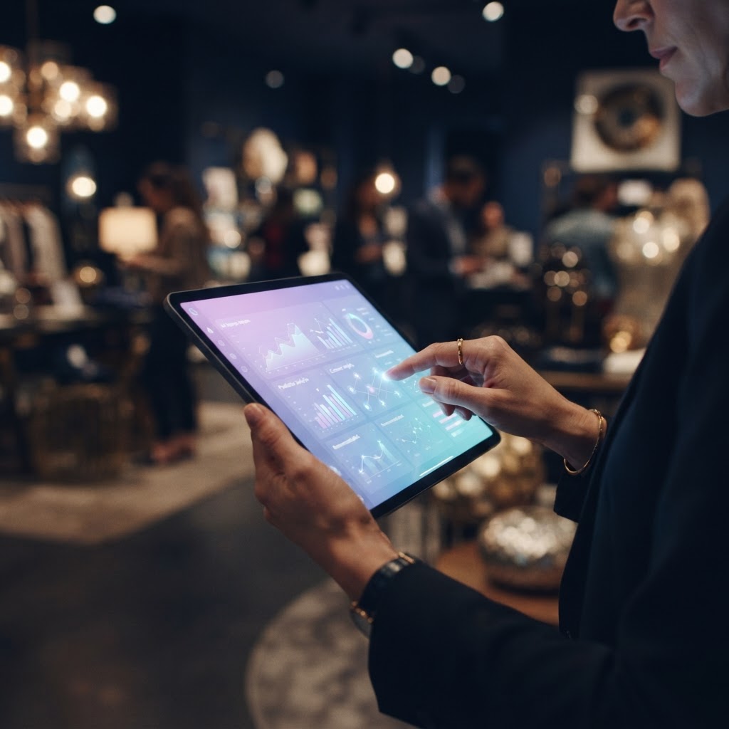Close-up of an AI-powered business interface being used in a commercial setting