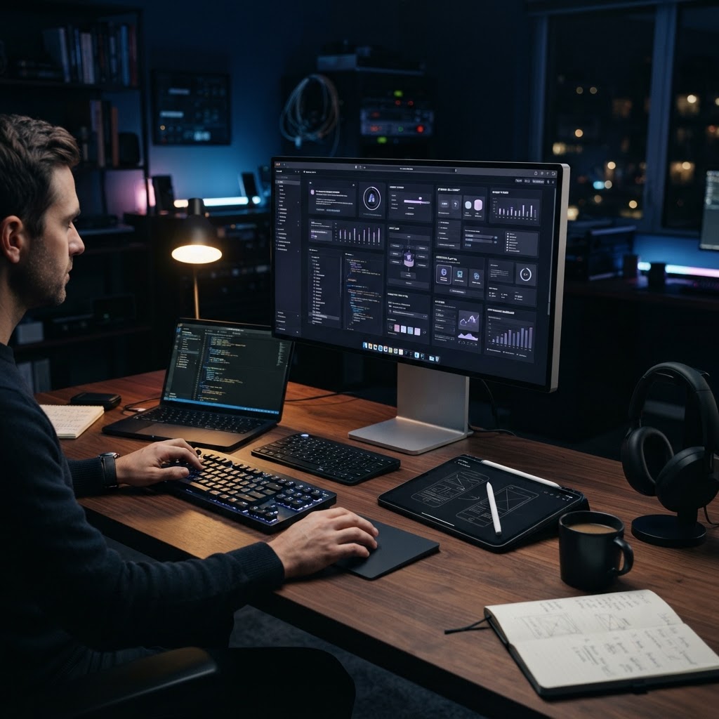 Premium app interface and developer-led product design scene