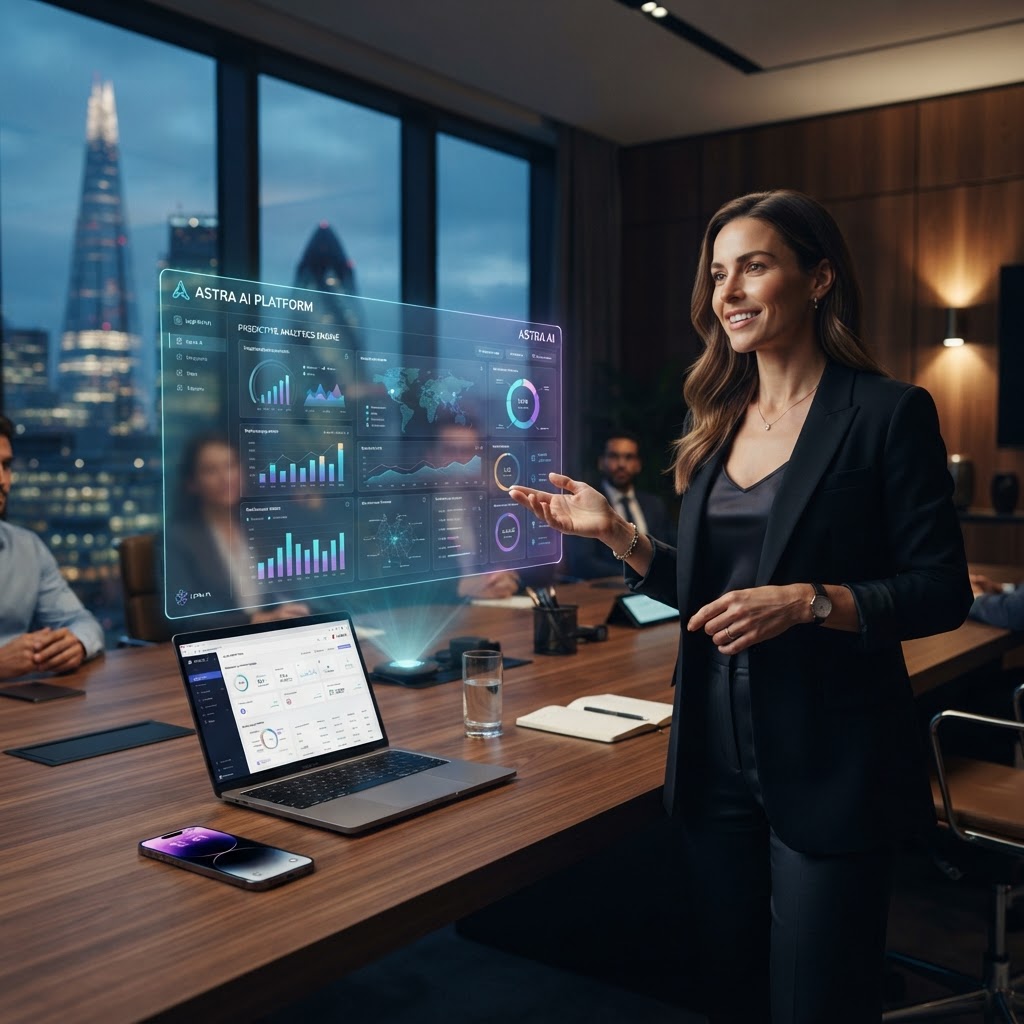 Entrepreneur presenting a premium AI platform in a luxury office