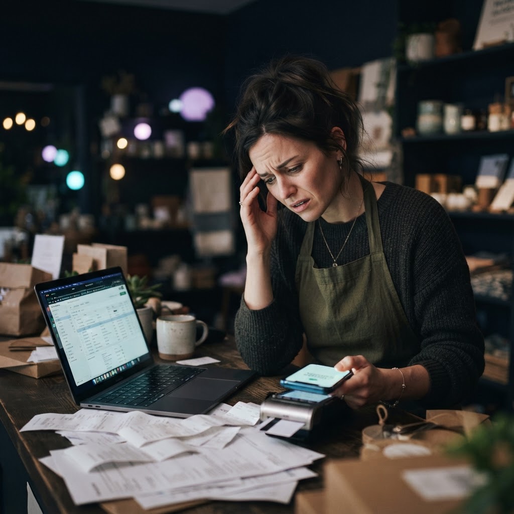 Independent retailer overwhelmed juggling laptop, phone, POS and paperwork