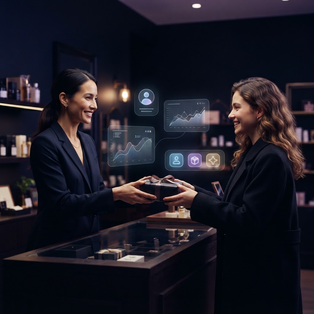 Independent retailer smiling while serving a customer with subtle AI interface overlays