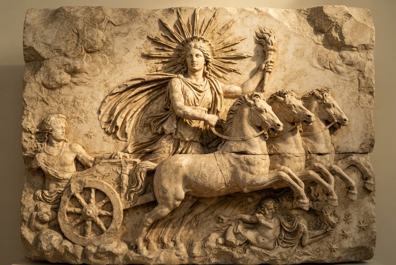 A sunlit classical relief of Helios