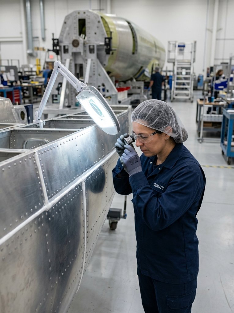 Inspector de calidad verificando sellado aeronáutico