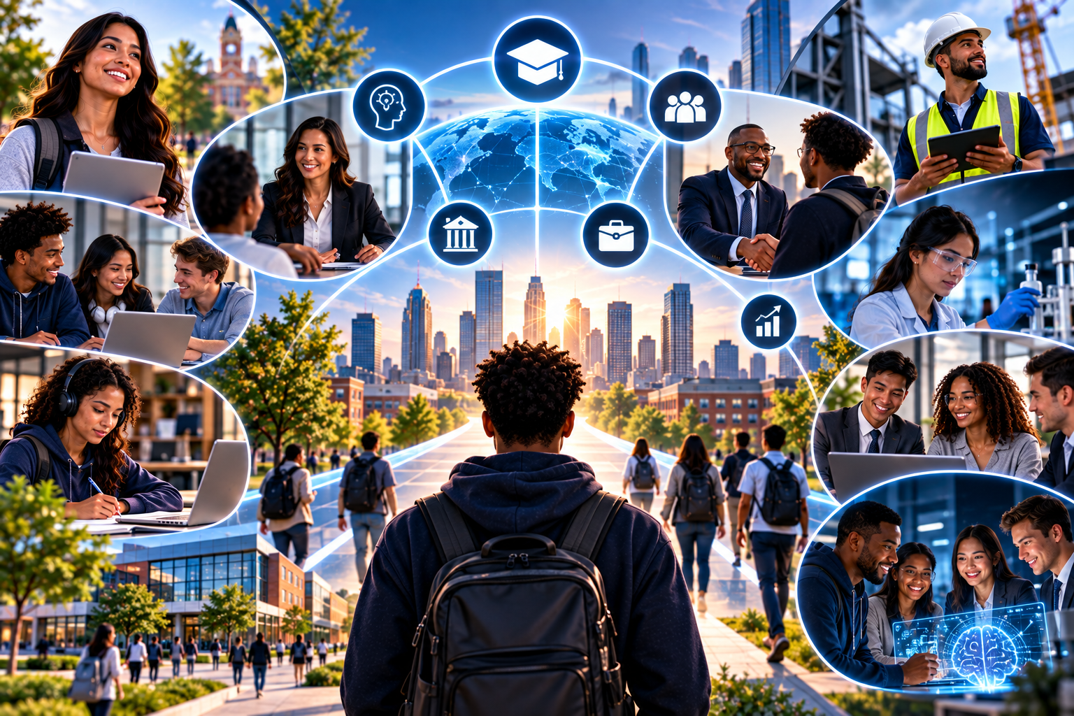 Students walking toward a city skyline with an interconnected network of career ecosystem icons