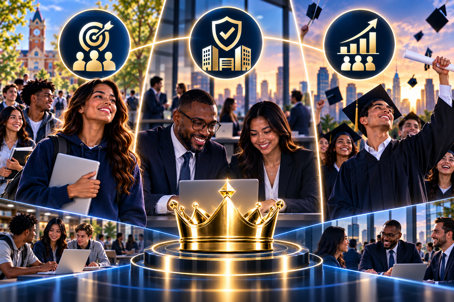 Golden crown on glowing pedestal representing premium academic and professional success