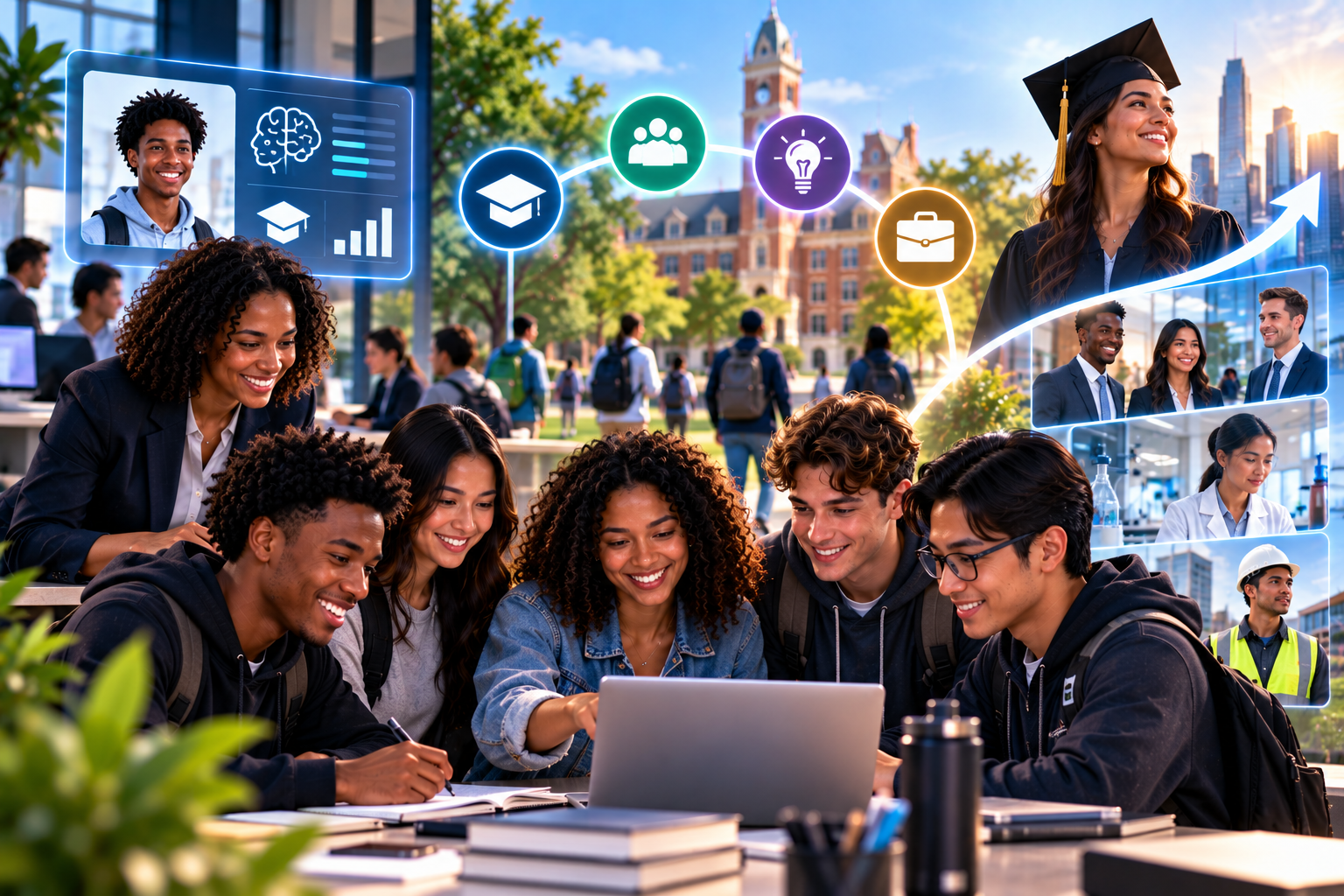 Build Career Identity, College Readiness & Workforce Visibility From Day One — students collaborating with career path icons